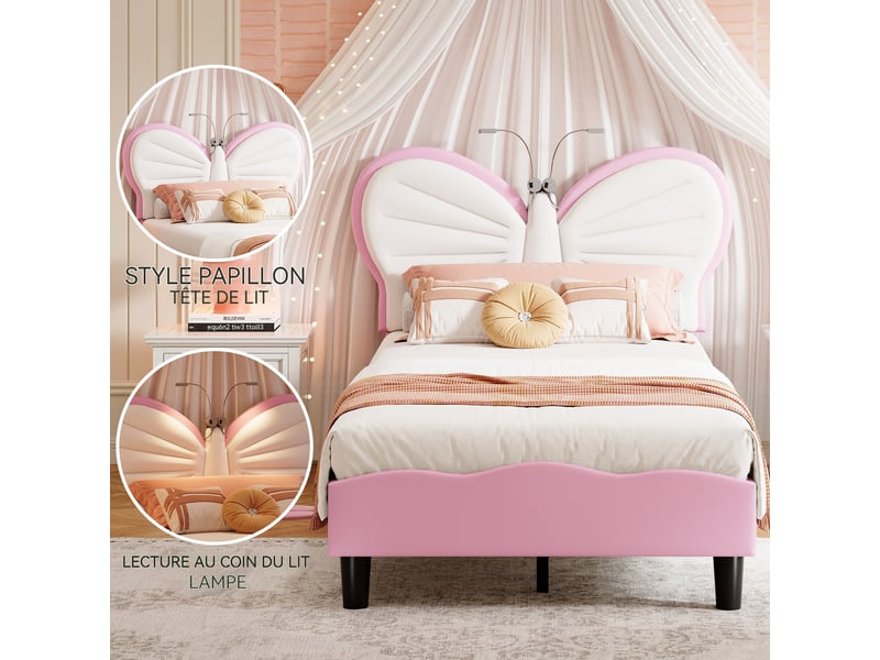  Lit enfant fille 90x200 cm – tête de lit papillon avec lampe de lecture intégrée – hauteur réglable 87,5-92,5 cm – velours – structure renforcée jusqu'à 350 lbs – sommier à lattes inclus  - Conforama C