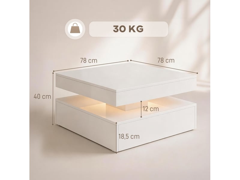  Table basse avec 2 niveaux et rangement ouvert, led avec télécommande, finition brillante, en panneau de fibres, blanc  - Conforama D