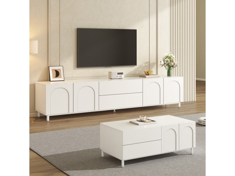  Ensemble salon tv: meuble tv + table basse, portes arquées, mdf et panneau de particules, pieds acier, rangement  - Conforama B