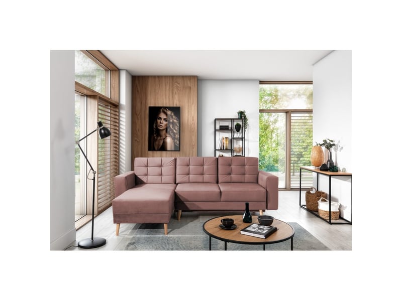  Canapé d'angle convertible hasgard 3 places rose 248x162 cm – coffre et pieds bois  - Conforama B