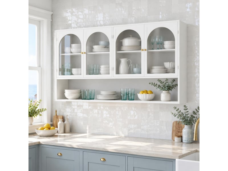  Armoire murale avec 4 portes en verre gris, rangement vertical pour cuisine et salon, en métal blanc, 120×23×70 cm  - Conforama B