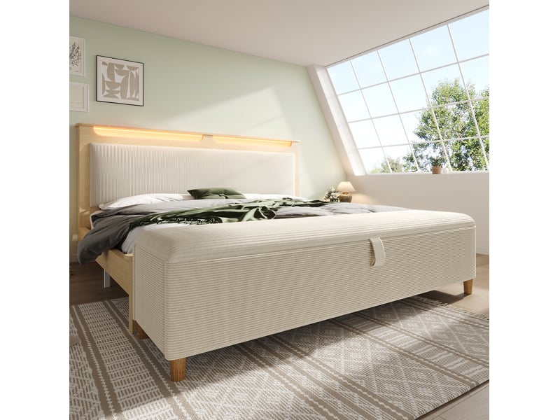  Lit double 140x200 cm, bois, beige, doté de banquette de rangement, tête de lit avec rangement et éclairage led, matelas inclus  - Conforama E