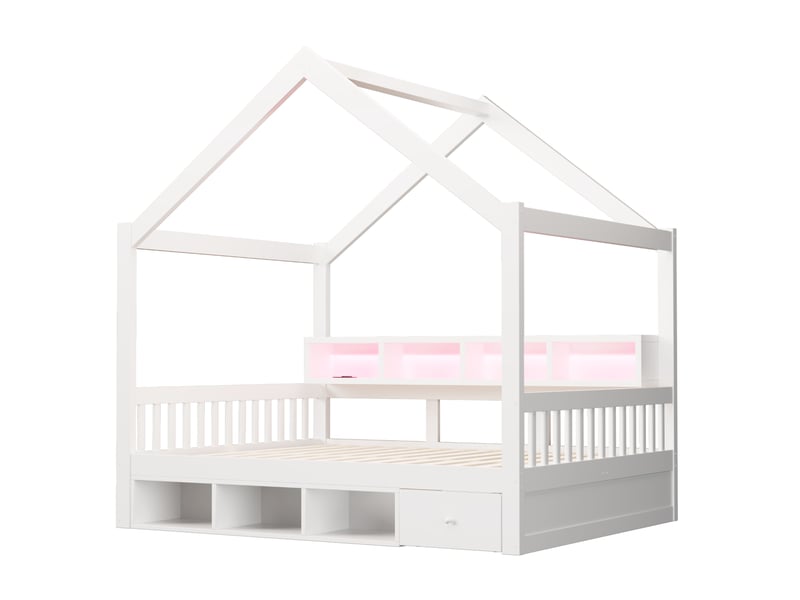 Lit cabane enfant 140x200 cm avec rangements, led et prises, blanc, sans matelas  - Conforama R