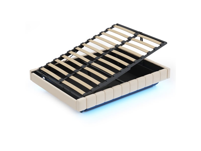 Lit flottant 160x200 cm en tissu beige, sans tête de lit, coffre hydraulique et led intégrée - Conforama E