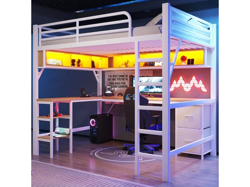  Lit mezzanine métal 140x200 gaming avec bureau, led et usb, blanc  - Conforama B