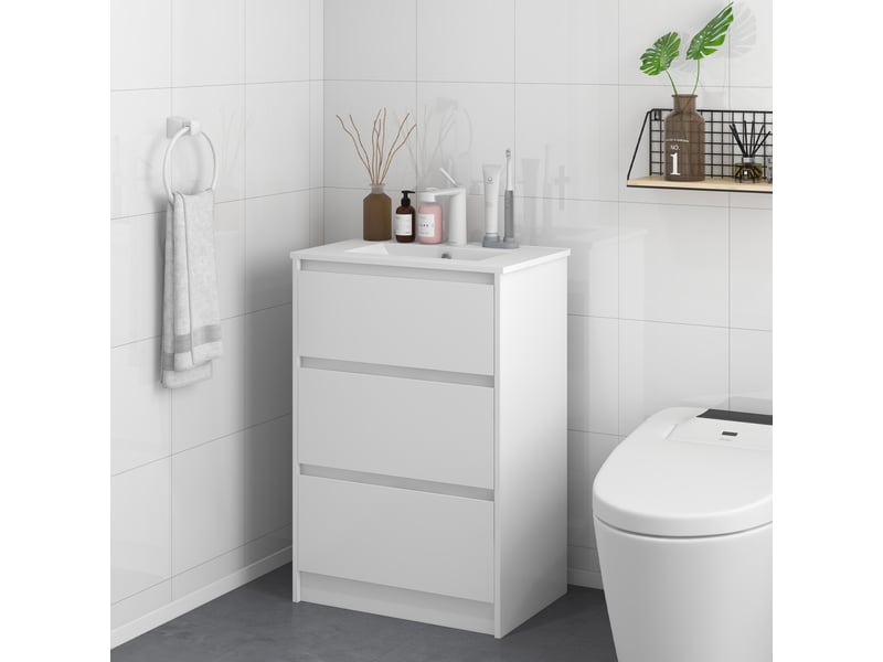  Meuble vasque de salle de bain avec lavabo, meuble de salle de bain, lavabo en céramique synthétique avec 2 tiroirs, 61 x 37 x 88 cm, blanc brillant  - Conforama C