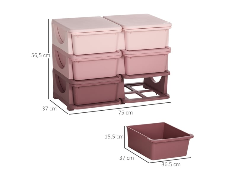  Meuble de rangement enfant 75 x 37 x 56,5 cm rose en plastique, 6 bacs amovibles pour jouets et vêtements  - Conforama C