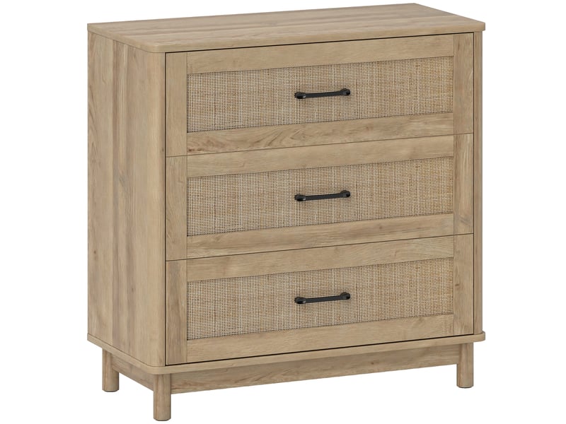 Commode 3 tiroirs style bohème chic rotin effet bois clair - Conforama A