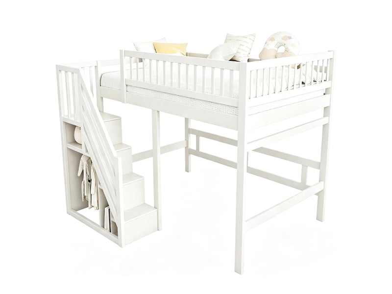 Lit mezzanine 140x200 en bois massif avec escalier de rangement, lit enfant blanc avec barrière de sécurité haute, gain de place - Conforama D