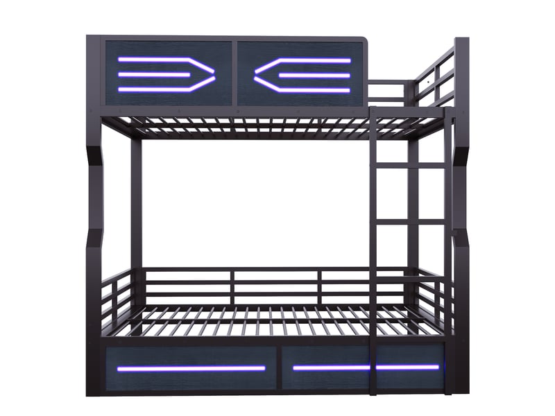  Lit superposé 2 places 140x200 cm avec led - lit adolescent - barrière de sécurité - cadre métal noir  - Conforama W