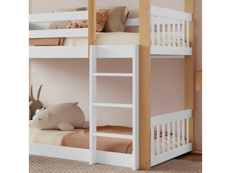  Lit cabane 90x200 cm en bois massif blanc naturel avec fenêtres, échelle coulissante, toboggan et barrières de sécurité  - Conforama D