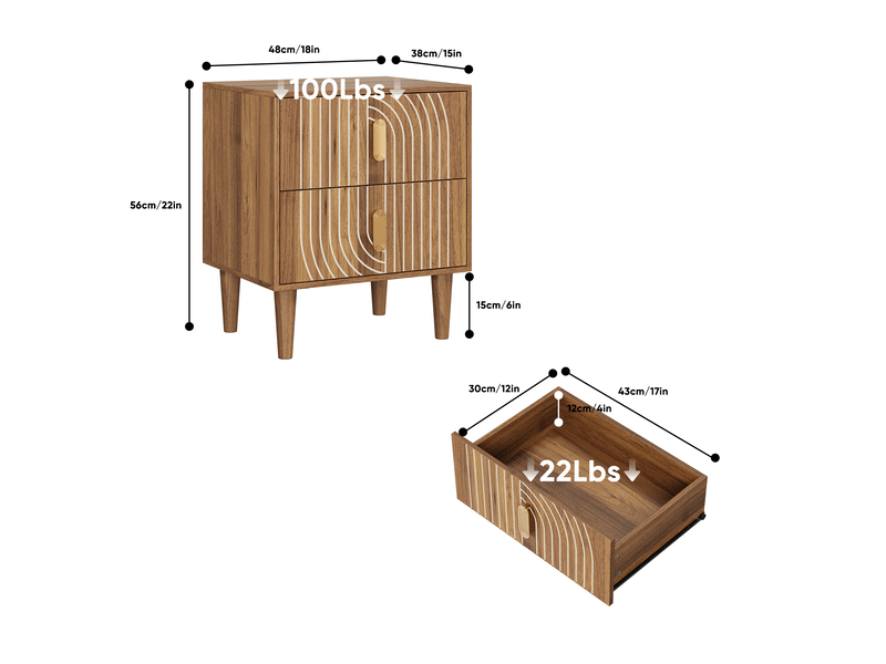  Table de chevet 2 tiroirs 48x38x56 cm, design bohème, surface mélaminé, poignées dorées, mdf, marron placage noyer  - Conforama C