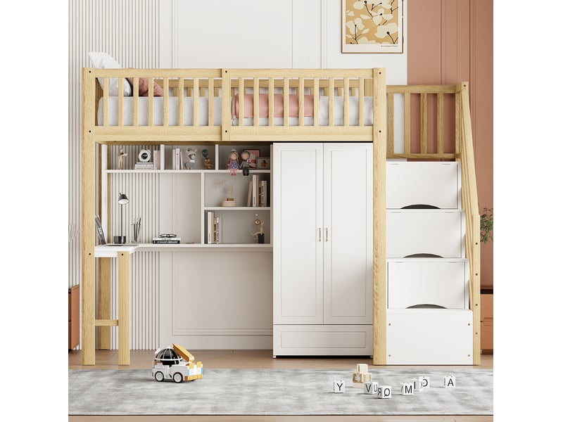  Lit mezzanine 90x200 cm, lit enfant avec armoire, bureau et tiroir, lit 1 place, bois, blanc et naturel, sans matelas  - Conforama E