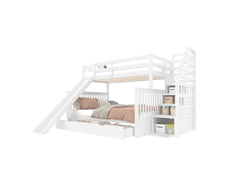 Lit superposé 90 x 200 cm et 140 x 200 cm avec tiroirs, rangements et toboggan blanc antique - Conforama A