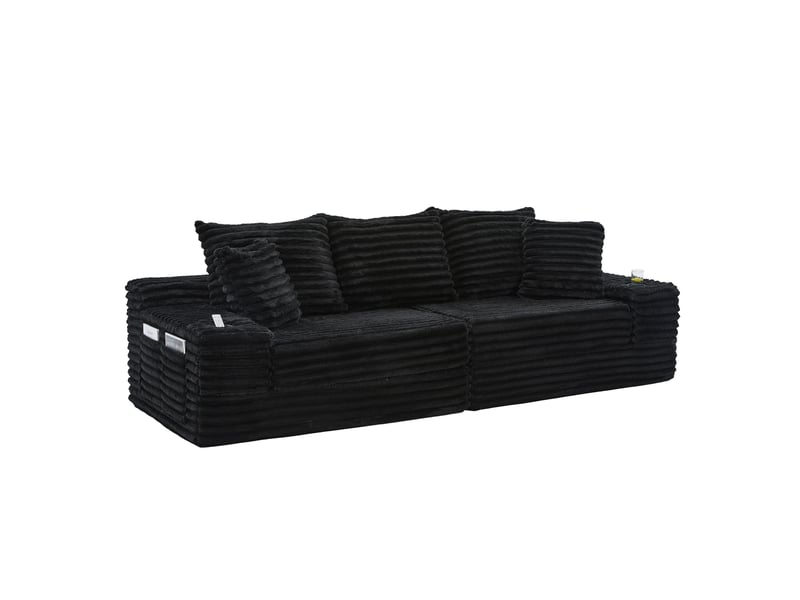 Canapé droit convertible 4 places en velours côtelé noir, compressé, avec dossier haut, poches et porte-gobelets 273x98x87cm - Conforama A