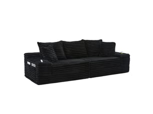 Canapé droit convertible 4 places en velours côtelé noir, compressé, avec dossier haut, poches et porte-gobelets