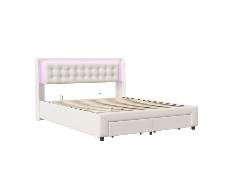  Lit rembourré modenvie 140 x 190 cm avec tiroirs et éclairage 6 couleurs beige bois et tissu  - Conforama A