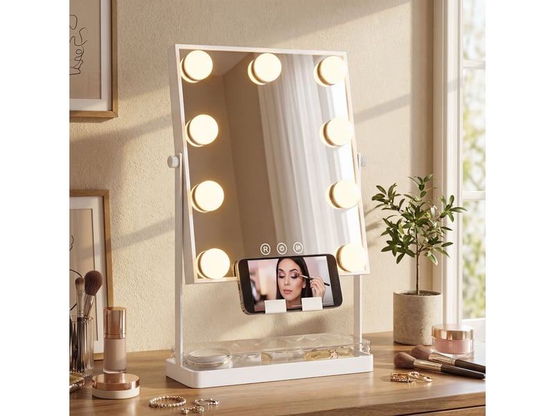  Miroir de maquillage lumineux style hollywood avec 9 ampoules led, 3 couleurs, interrupteur tactile et support pour téléphone - blanc  - Conforama C