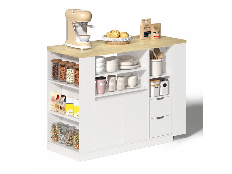 Îlot de cuisine avec plan de travail extensible, îlot central 115 cm avec rangement, mdf blanc et bois naturel, 115x50x92 cm. - Conforama D