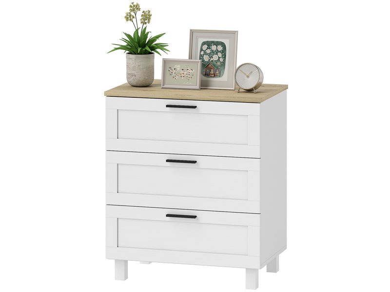 Commode 3 tiroirs | meuble de rangement moderne pieds en bois massif et plateau effet bois 60x38x71 cm blanc - Conforama B