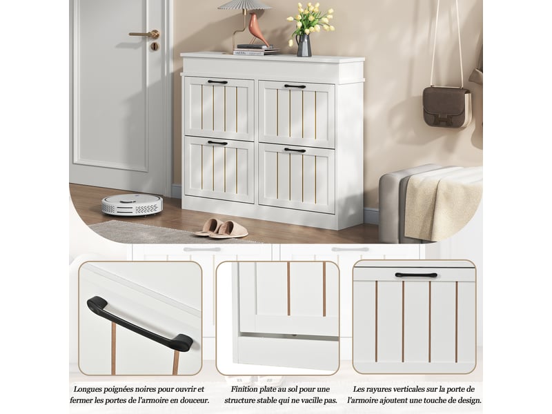  Meuble à chaussures blanc en mdf, rangement gain de place à 4 portes abattantes et 8 compartiments pour entrée, 105 x 24 x 83 cm  - Conforama B