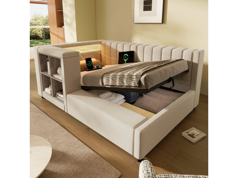  Lit banquette coffre 90x200 cm, banquette-lit, ouverture hydraulique, éclairage led, ports usb et type-c, sommier à lattes, lin beige CozyNest - Conforama D