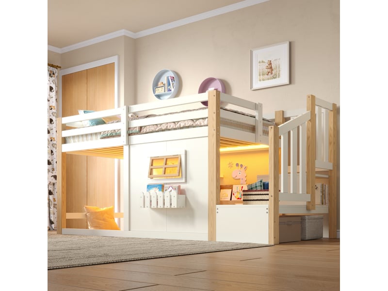  Lit mezzanine 90x200 cm, escalier avec rangements et led, en bois, naturel et blanc, sans matelas  - Conforama B