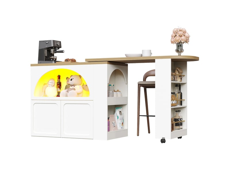 Buffet de cuisine, mobile table de bar extensible 135-205×39×100cm avec led, porte bombée,blanc  - Conforama W