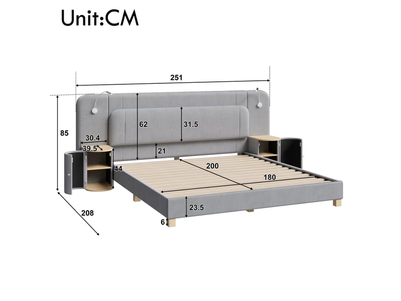 Lit 180x200 cm avec chevets 2 niveaux, lampes led, tête rembourrée, velours côtelé mdf gris sans matelas - Conforama C