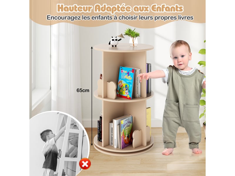 Bibliothèque enfant, 65cm bibliothèque à 2 niveaux avec serre-livres lapinourson, 8 compartiments, étagère à livres pivotante à 360°, pour chambre d' - Conforama D