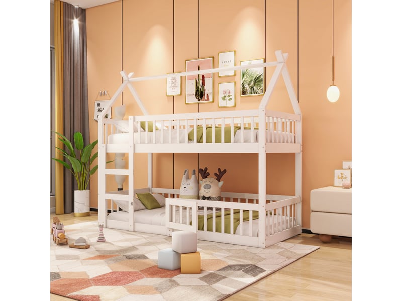  Lit superposé 90x200cm, lit enfant, lit cabane avec escalier, barrières et 1 sommier, bois+mdf, blanc, sans matelas  - Conforama C