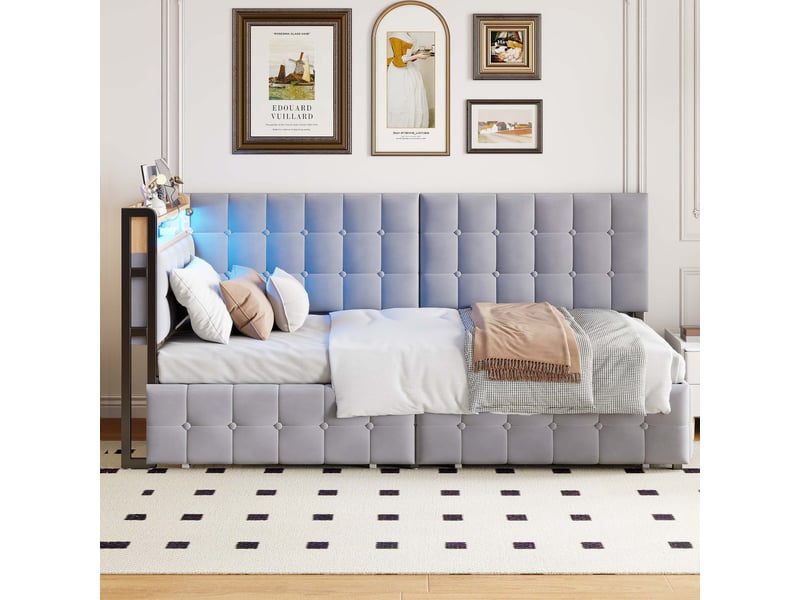  Lit enfant 90 x 200 cm, 2 tiroirs, tête led multicolore, prises usbtype-c, châssis métal, velours gris clair, sans matelas  - Conforama B