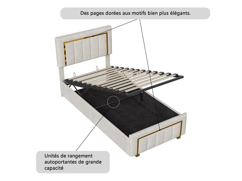  Lit coffre 90 x 200 cm,lit simple rembourré 90 x 200 cm,hydraulique,velours blanc ,design contemporain  - Conforama W