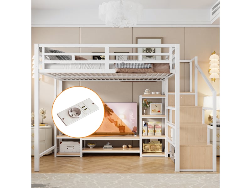 Lit mezzanine 2 places 140×200 cm avec support tv, prise et échelle de rangement - okmyhome- blanc, sans matelas - Conforama C