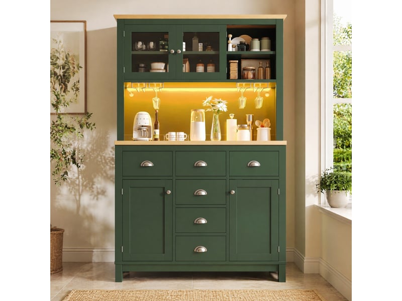  Buffet de cuisine haut avec 4 portes, tiroirs et étagères, éclairage led pilotable pour cuisine 104 × 40 × 180 cm  - Conforama D