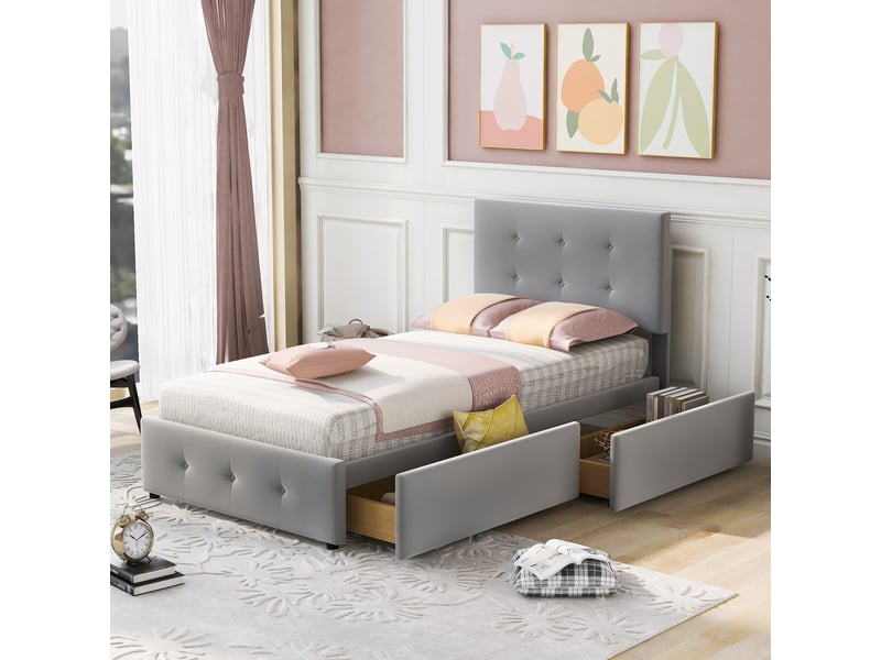  Lit enfant capitonné 90x200 cm gris en velours, tête réglable, deux tiroirs, sommier inclus et sans matelas  - Conforama C