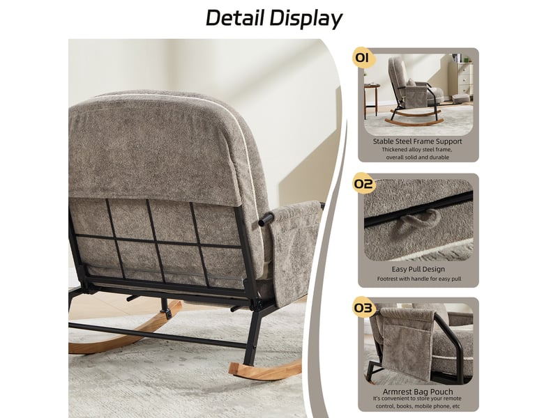 Fauteuil à bascule gris clair avec dossier réglable de 100 à 160°, repose-pieds et poches latérales, pour se détendre - Conforama E