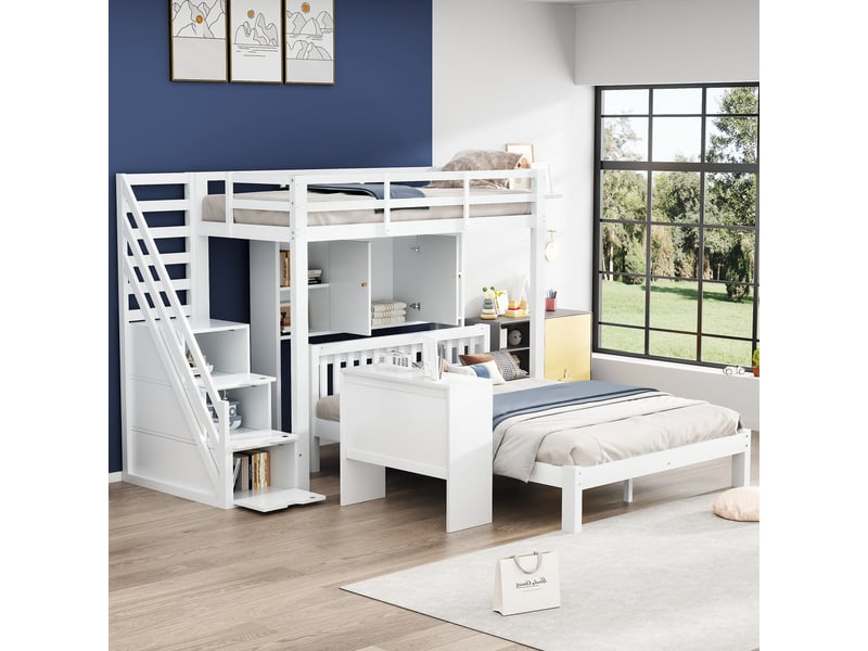 Lit superposé 3 places 90×200 cm et 140×200 cm, escalier rangement - sans matelas, bois massif mdf blanc - Conforama C