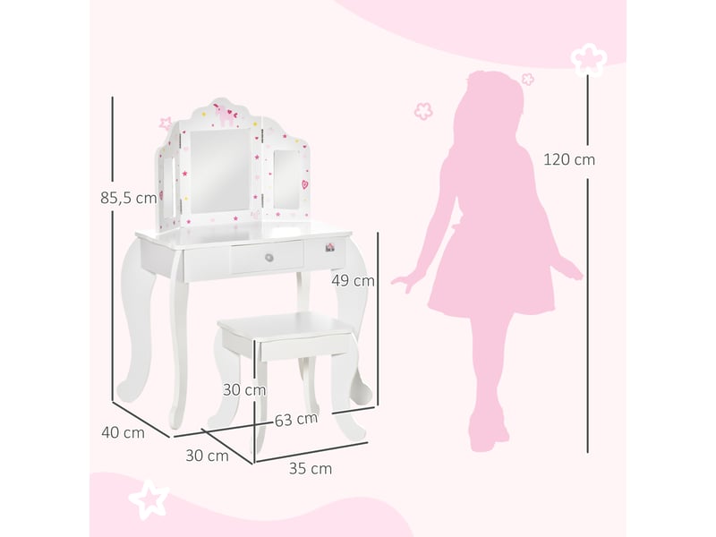 Coiffeuse enfant avec tabouret, miroir triptyque et dim. 63l x 40l x 85,5h cm tiroir coulissant - coiffeuse - Conforama C