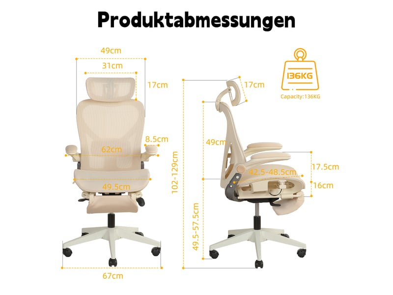  Chaise de bureau ergonomique pliable avec dossier inclinable et soutien lombaire - lpospi - maille - crème  - Conforama D