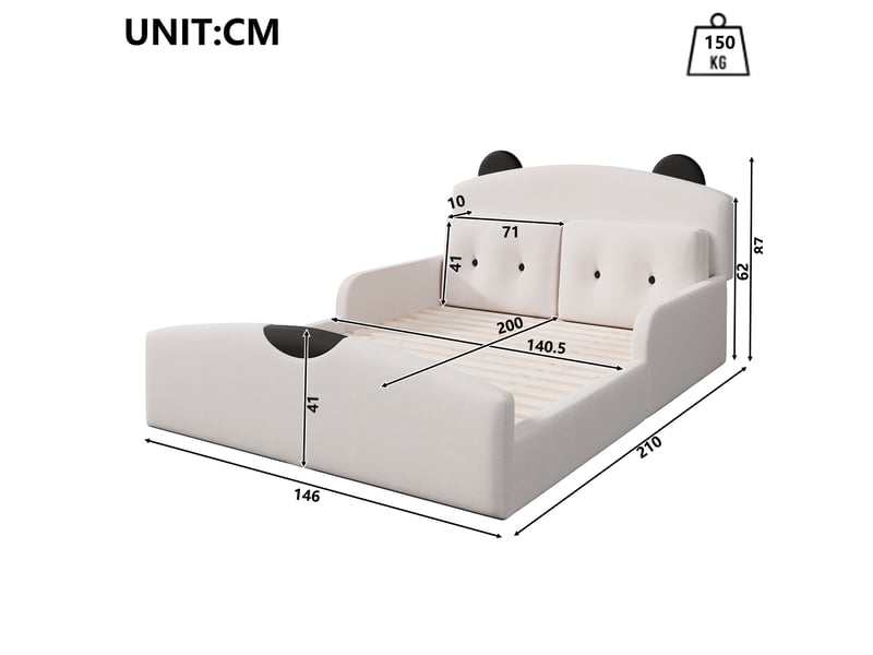  Lit plateforme 140x200 cm, mdf blanc, tête de lit rembourrée motif ours, design ours, base à lattes et 2 coussins décoratifs  - Conforama C