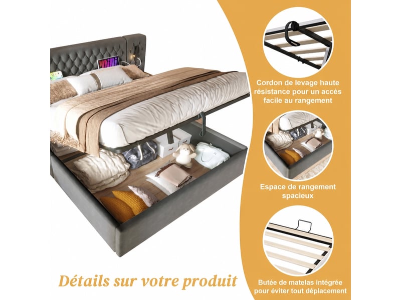  Lit coffre 160x200 en velours gris avec 2 chevets, liseuses usb et sommier à lattes  - Conforama D