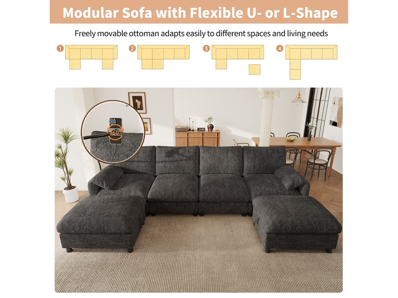  Canapé panoramique modulable 6 places, forme ul, 2 poufs avec rangement, usb et usb-c, support téléphone, chenille - gris  - Conforama E