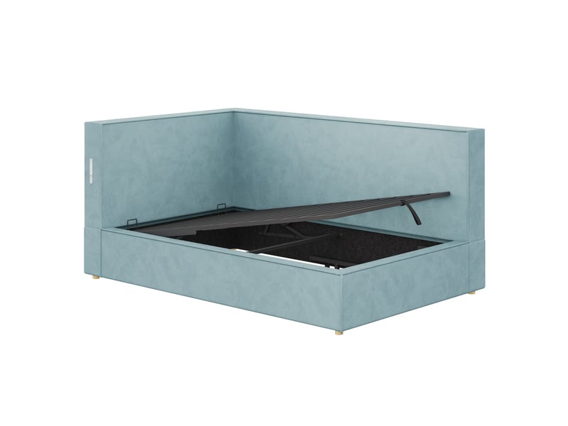  Lit simple rembourré 90x200 cm en velours bleu avec rangement, led, usb et type-c, sommier à lattes et fonction canapé-lit Morn Vibe - Conforama D