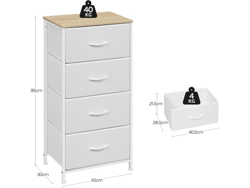 Commode 4 tiroirs, meuble de rangement à tiroirs en tissu, dessus en bois d'ingénierie e1,blanc - Conforama C