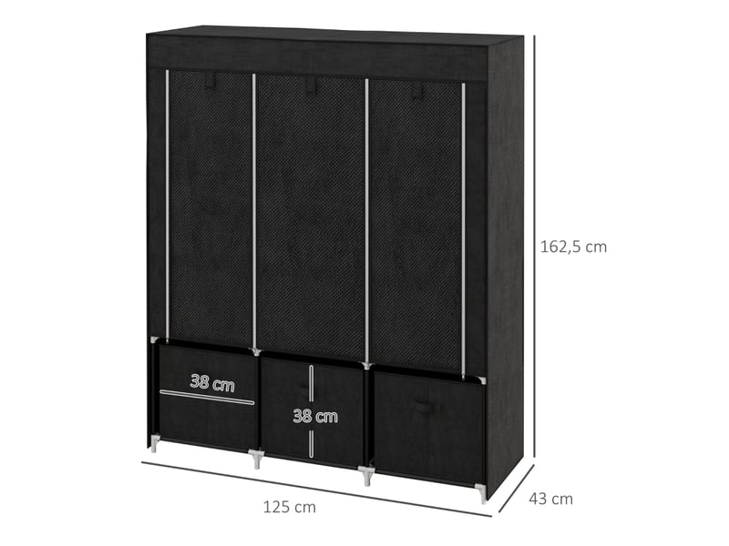  Armoire en tissu avec 2 tringles, 5 étagères et 3 tiroirs pour chambre en acier 125×43×162,5 cm noire  - Conforama E