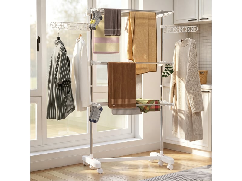  Étendoir à linge mobile, 3 niveaux, pliable, argent et blanc  - Conforama C