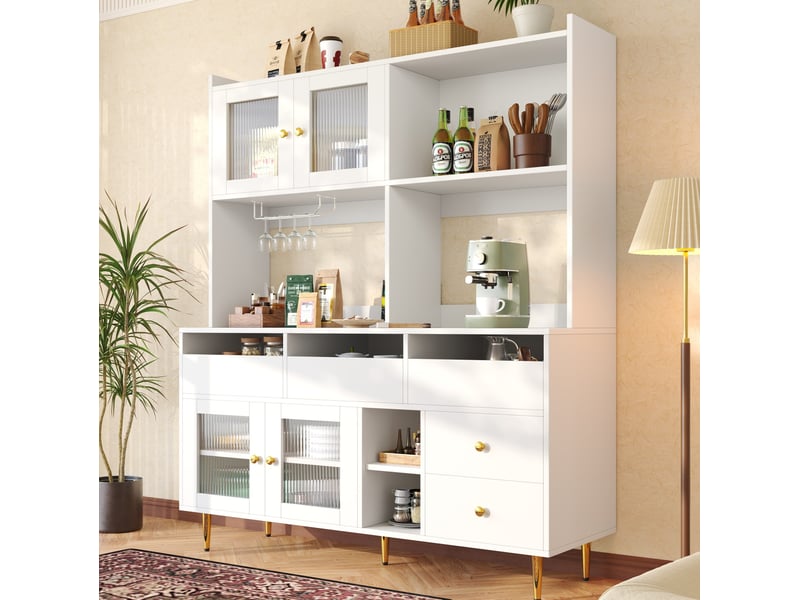  Buffet haut modenvie 145 x 39 x 171 cm avec portes en verre strié, range-verres, rangements multiples, blanc et accents dorés  - Conforama D