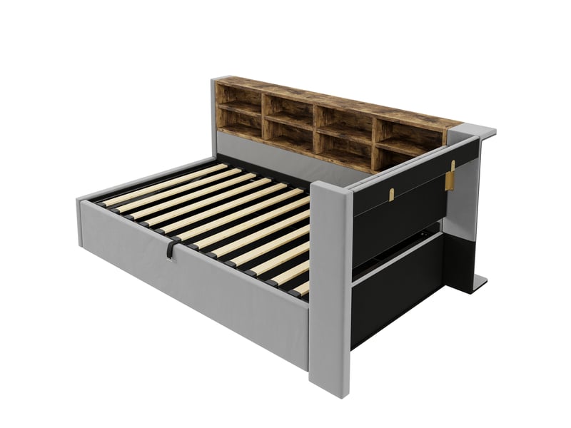 Lit coffre enfant 90x200 cm, led, usb type-c, étagères, rangement, sommier, velours gris clair, sans matelas - Conforama E