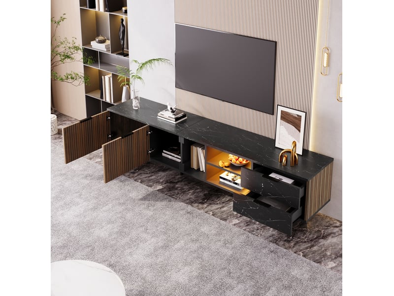  Meuble tv 200 x 38 x 50 cm rangement led couleurs 2 portes 2 tiroirs 2 niches pieds 15 cm mdf noir veinage bois foncé  - Conforama W
